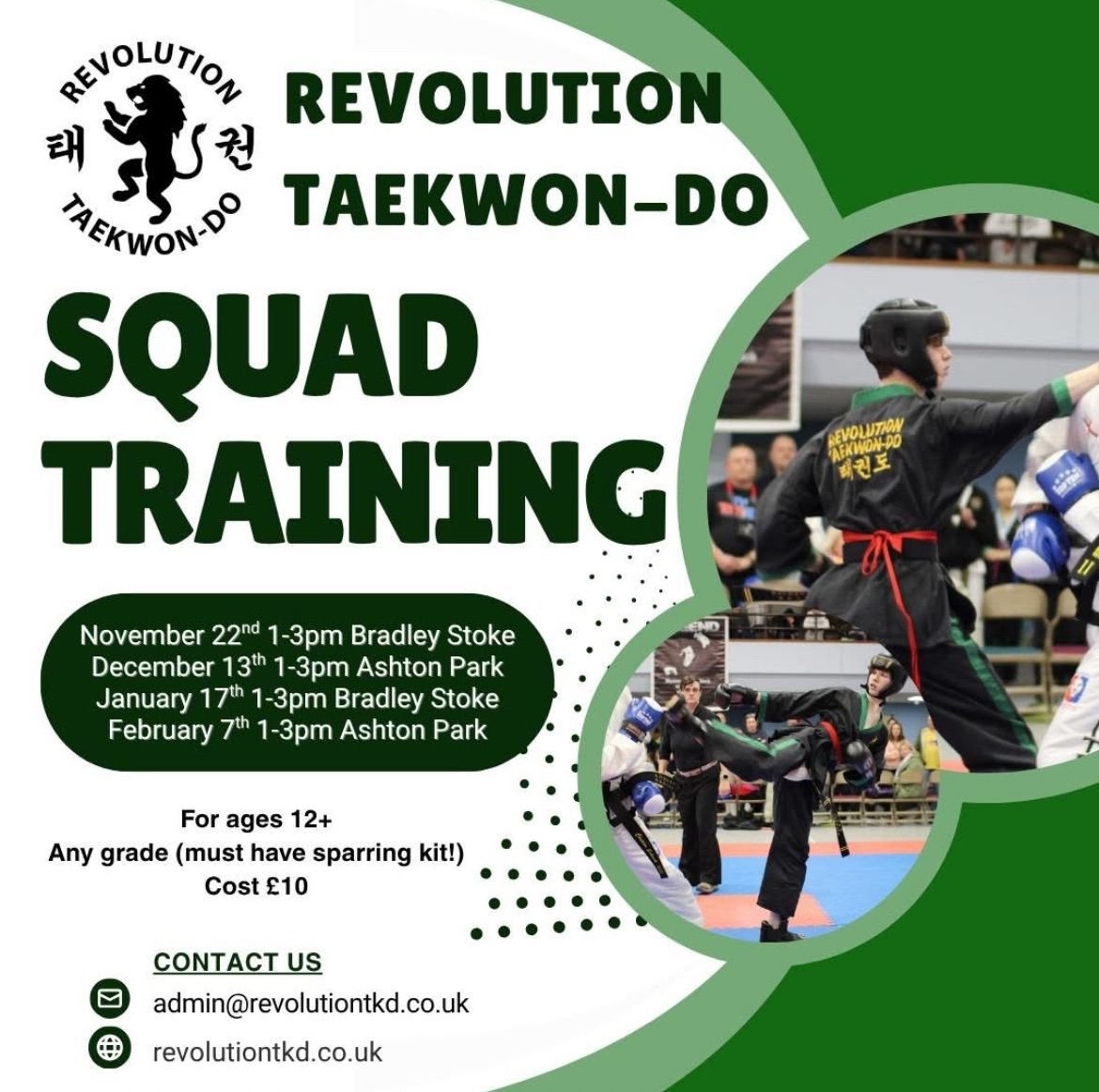 Revolution Taekwondo squad training poster with sparring event details