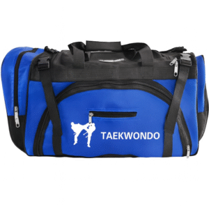 The Tae Kwon Do Blue Sparing Bag is a blue and black duffel with black straps, featuring a white graphic of two people sparring and "TAEKWONDO" printed on the side pocket.