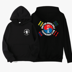 Two black Wotton Tae Kwon Do Hoodies are shown. The front displays a small circular logo with taekwondo figures and Korean text, while the back showcases a large colorful taekwondo design with Korean writing and color bars.