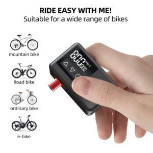 A hand holds the Portable Electric Bike Pump, a digital tyre inflator with LCD screen and real-time pressure display. Text above reads RIDE EASY WITH ME! Icons show it's ideal for mountain, road, regular bikes, and e-bikes.