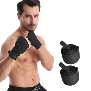 A shirtless man with fists raised wears black boxing hand wraps. Next to him, two rolls of black hand wraps are placed on a white background. Featured product: Running Hydration Belt.