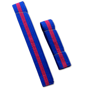 Two Running Hydration Belts, blue with red center stripes, folded and placed side by side on a white background; one belt is longer than the other.