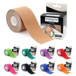 Kinesiology Tape KT Muscle Strain Injury Support Physio Sports 5cm x 5M rolls are displayed in beige, green, turquoise, purple, red, pink, black, blue, and orange boxes; one beige roll is shown outside its box.