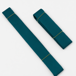 Two Green Belt resistance bands (150cm & 280cm) are laid flat on a white surface, secured with yellow bands—one is unfolded, the other folded.