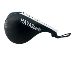 A black and white Kick Pads martial arts paddle target featuring the HAVASports brand name on the side, shown against a white background.