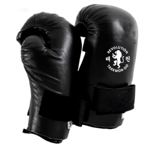 A pair of Revolution Sparing Hands gloves in black, featuring velcro straps and a white lion logo with "Revolution Taekwondo" and Korean characters.