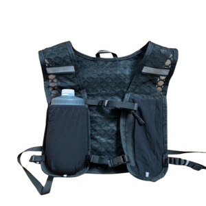 The Lightweight Running Storage Vest features adjustable straps, two front pockets (one with a bottle), a breathable mesh back, is reflective and waterproof—ideal for running or cycling.