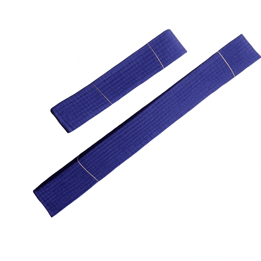 Two purple belts, measuring 150cm and 280cm, are neatly folded and arranged on a plain white background.