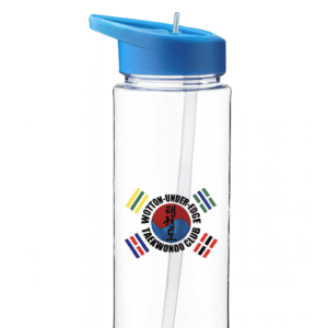 The Wotton Tae Kwon Do Water Bottle features a clear body, blue lid, straw, club logo, and colorful martial arts symbols on the front.