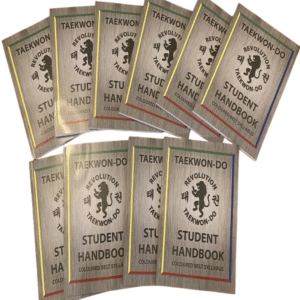 Ten Revolution Tae Kwon Do Student Handbooks are arranged in two rows, each featuring a lion logo on the cover and the title "Revolution Tae Kwon Do Student Handbook Coloured Belt Syllabus.
