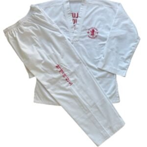 White Taekwondo uniform set with top and trousers featuring red embroidered Revolution Taekwondo logos.